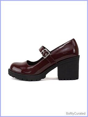 Mary Jane Round Toe Mid Chunky Block Heel Lug Sole Pump Adjustable Strap